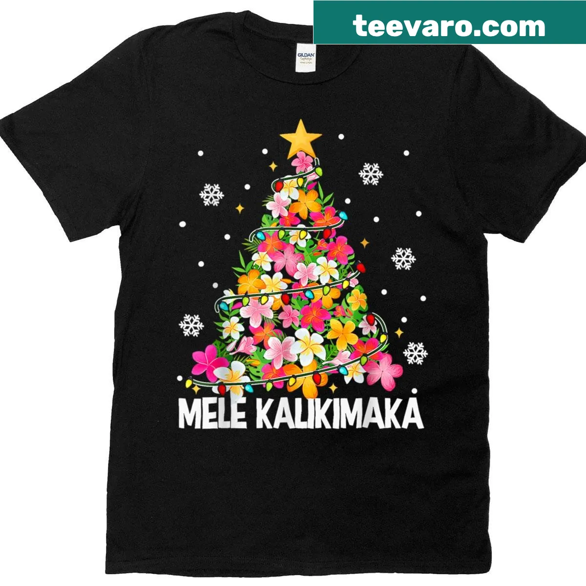 Tropical Christmas T-shirt featuring a Hawaiian floral tree illustration — on a men's t-shirt