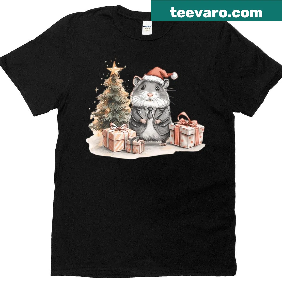 Cartoon hamster in awkward Christmas party scenario. — on a men's t-shirt