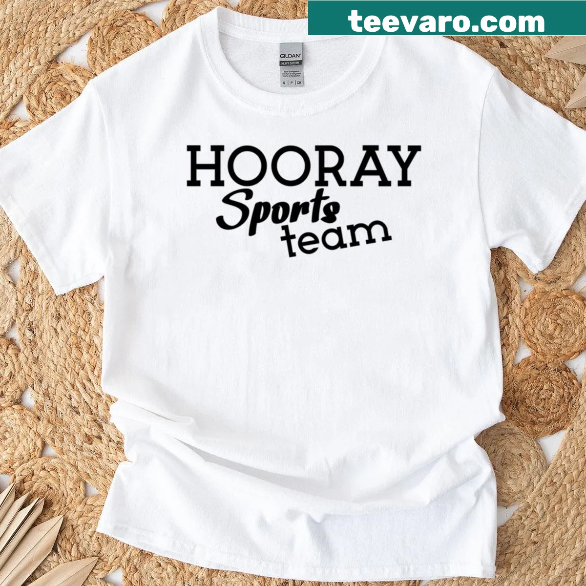Typographic shirt saying 'Hooray Sports Team!' for sports fans — on a men's t-shirt