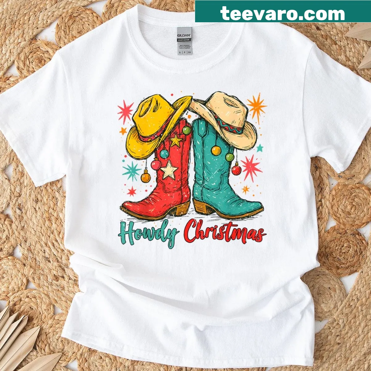 Christmas cowboy boots graphic for festive T-shirt — on a men's t-shirt