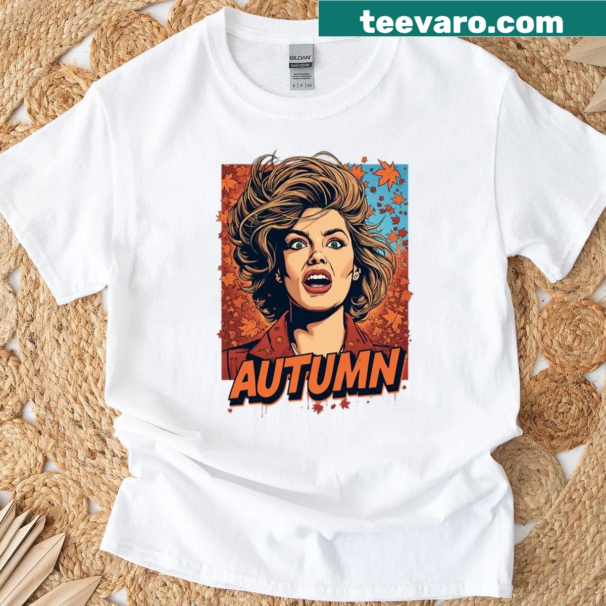Funny autumn-themed pop art graphic T-shirt — on a men's t-shirt