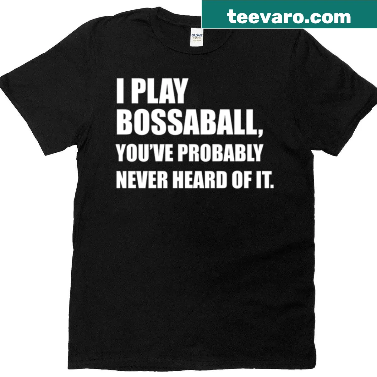 Playful typography t-shirt stating 'I Play Bossaball' — on a men's t-shirt