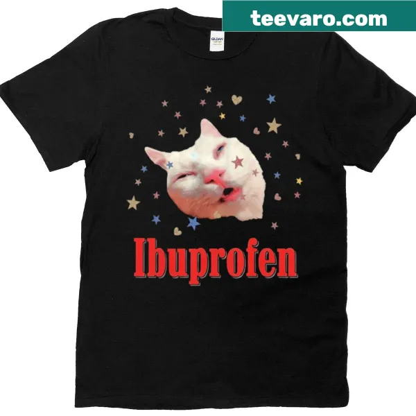 Funny t-shirt featuring a cartoon cat with ibuprofen theme