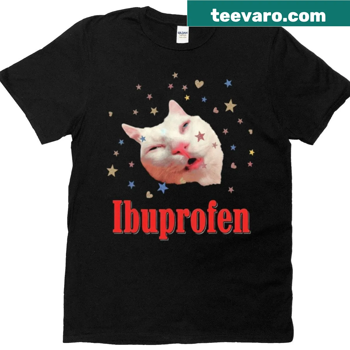 Funny t-shirt featuring a cartoon cat with ibuprofen theme — on a men's t-shirt