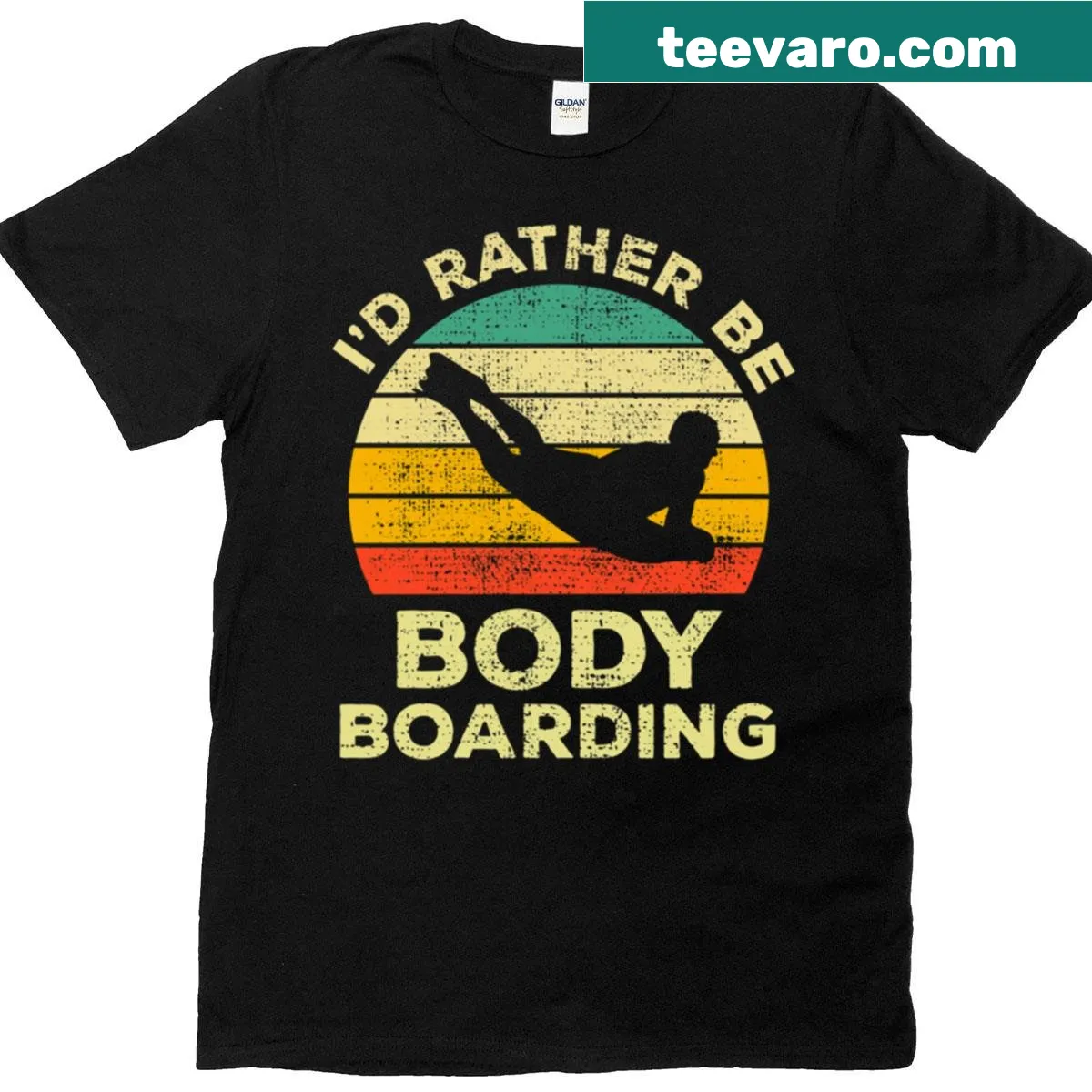 Bodyboarding t-shirt with vintage-style text design — on a men's t-shirt