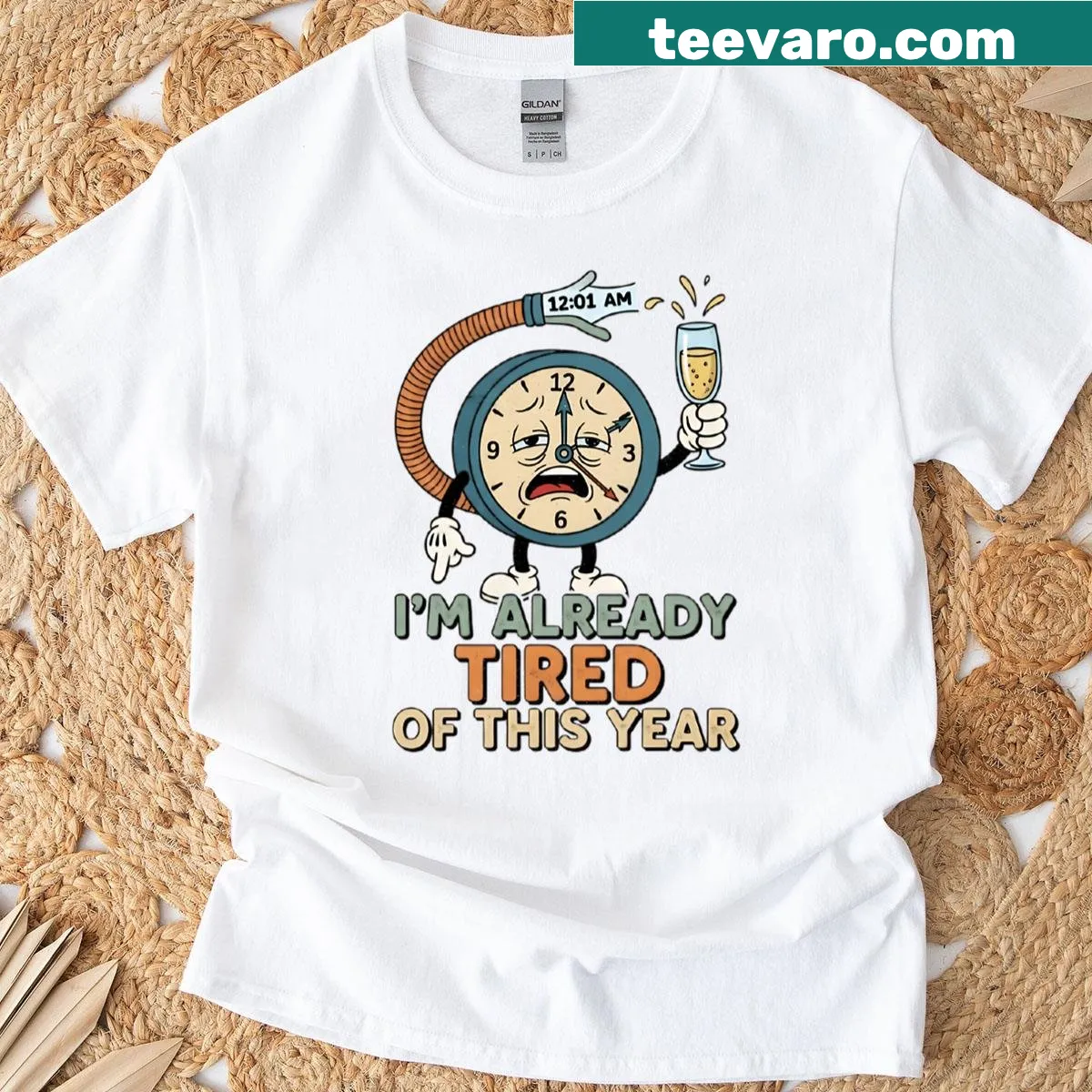 Vintage cartoon clock graphic tee with funny New Year's saying — on a men's t-shirt
