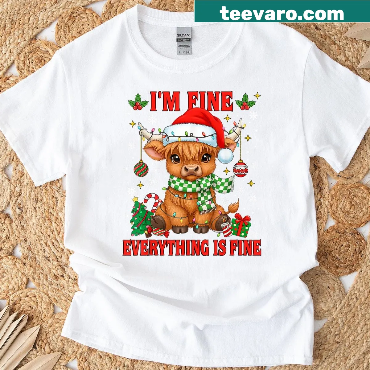 Highland cow in a Santa hat with text 'I'm Fine Everything Is Fine' — on a men's t-shirt