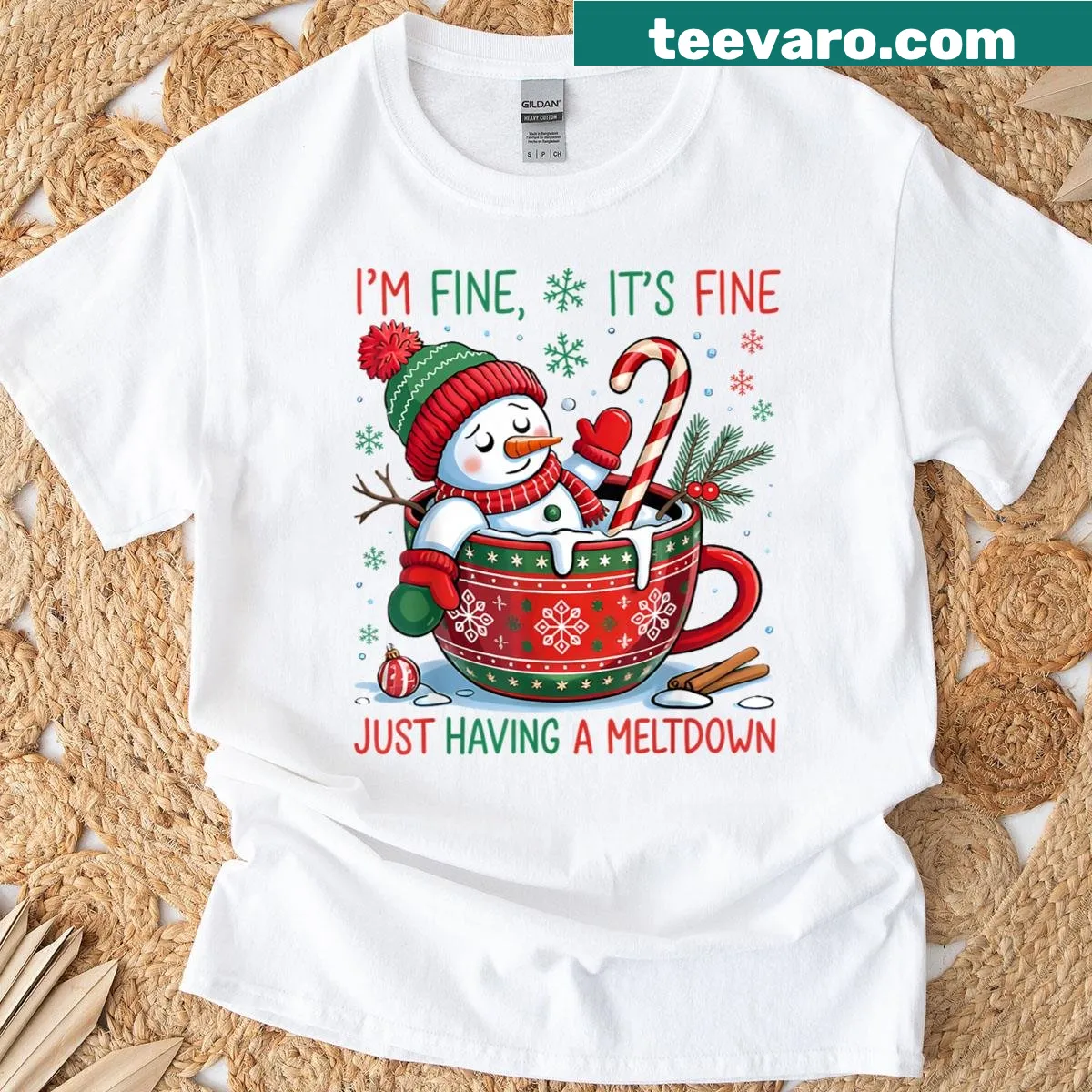 Funny snowman shirt with a humorous holiday quote — on a men's t-shirt