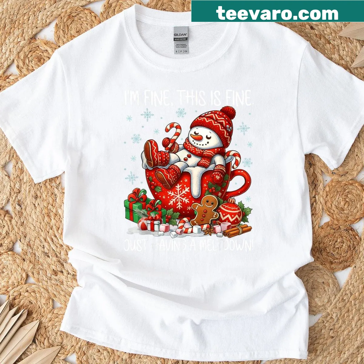 Funny Christmas shirt with a snowman and meltdown quote — on a men's t-shirt