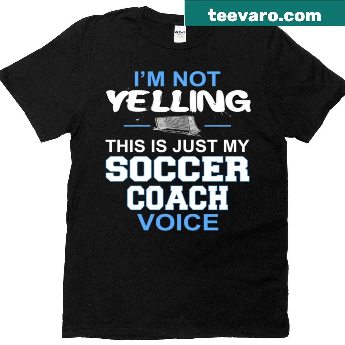 Oversized T-shirt with 'I'm Not Yelling This Is Just My Soccer Coach Voice' text — on a men's t-shirt