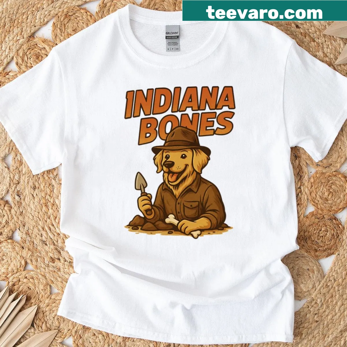 Cartoon dog in explorer gear with Indiana Bones text design — on a men's t-shirt