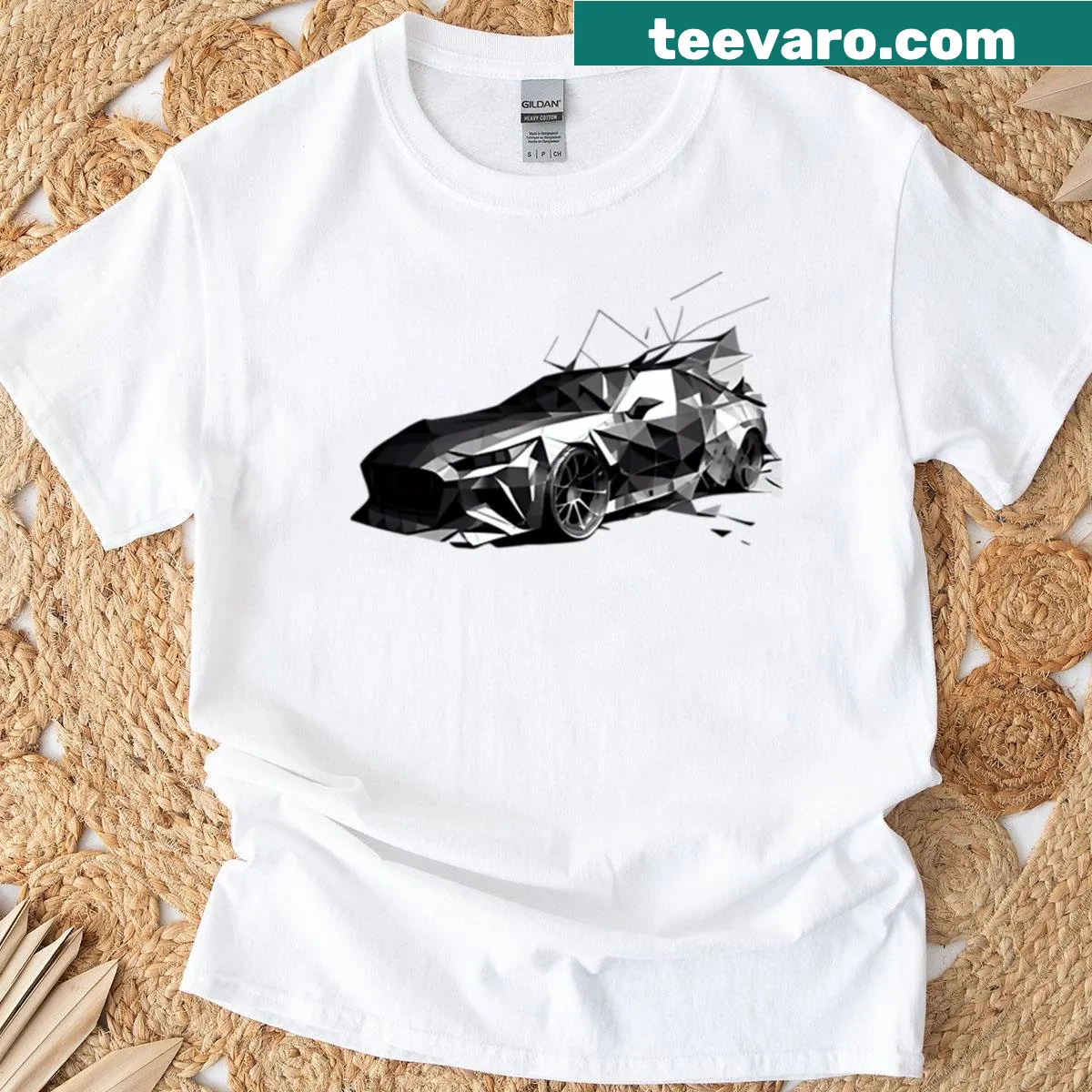 Isometric illustration of a white sports car on a t-shirt — on a men's t-shirt