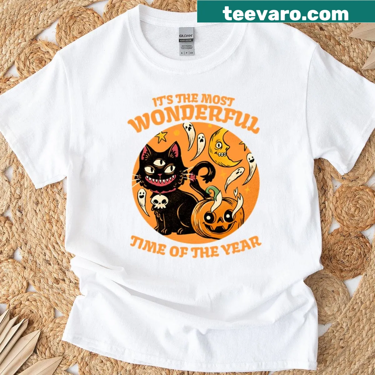 Funny Halloween T-shirt with black cat design and festive phrase — on a men's t-shirt