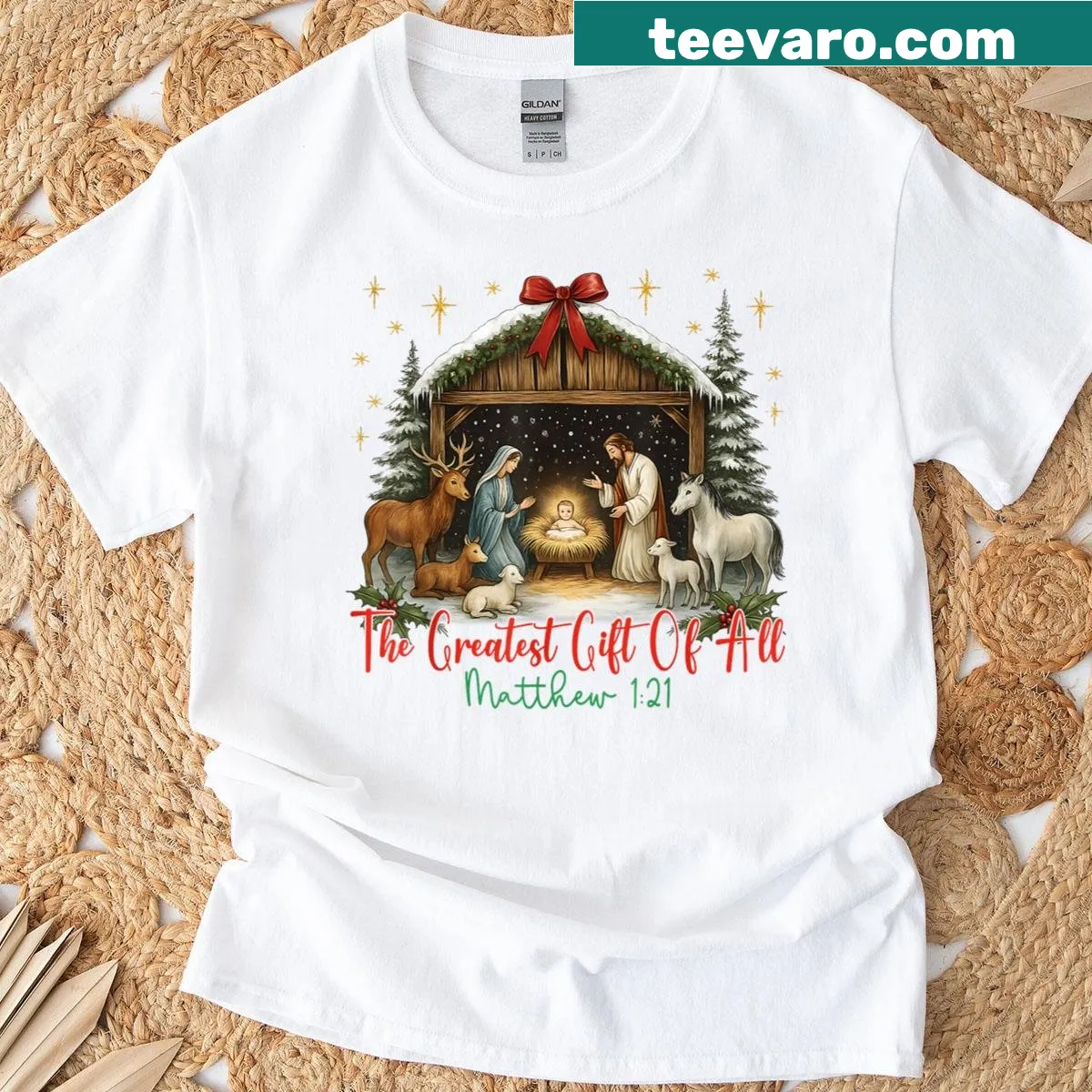 Nativity scene graphic T-shirt celebrating the Christmas spirit — on a men's t-shirt