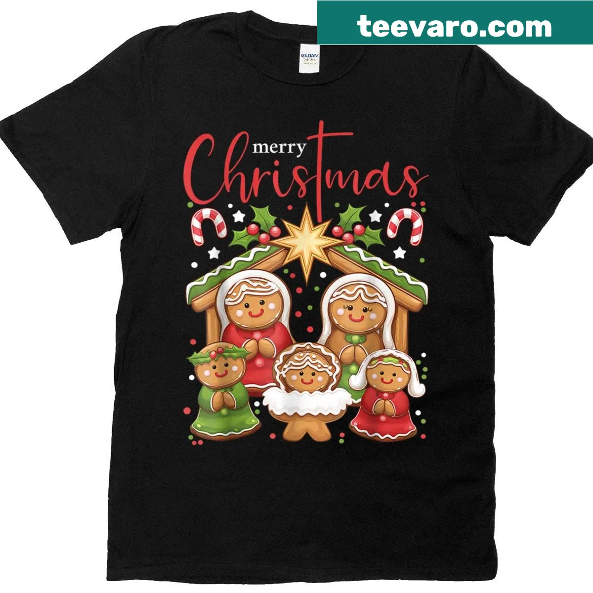 Christmas T-shirt with gingerbread and nativity theme — on a men's t-shirt