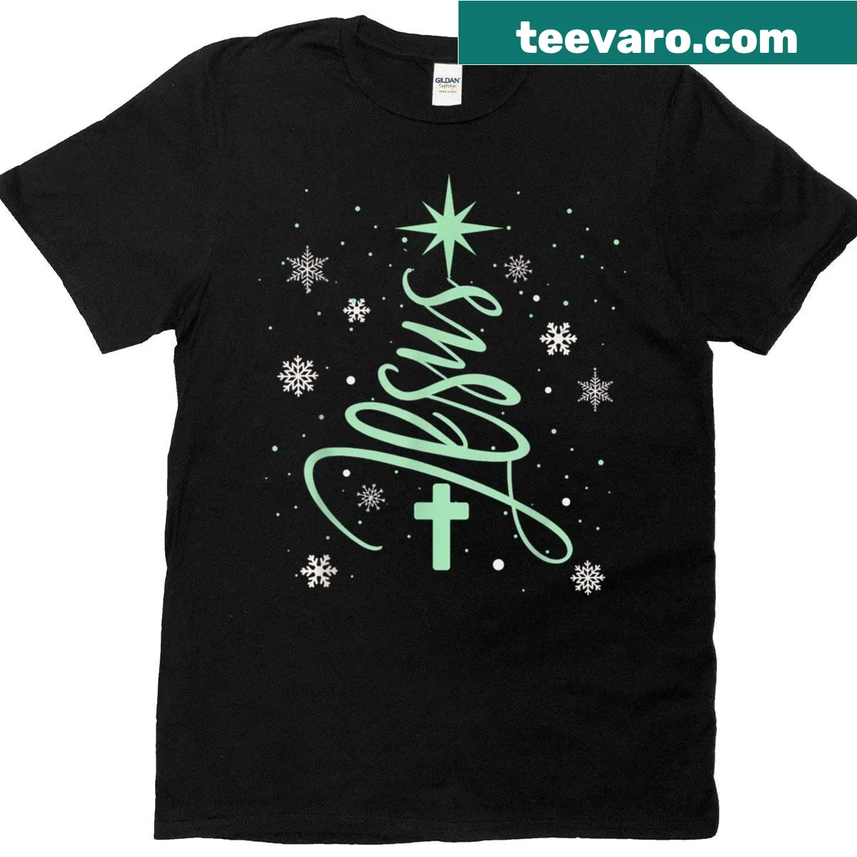 Illustrated cross with snowflakes design on Christmas shirt — on a men's t-shirt