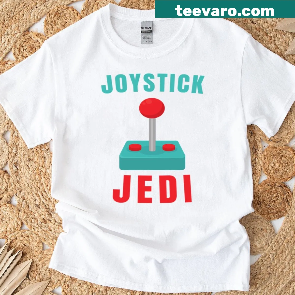 Retro gaming shirt with 'Joystick Jedi' text and graphics — on a men's t-shirt