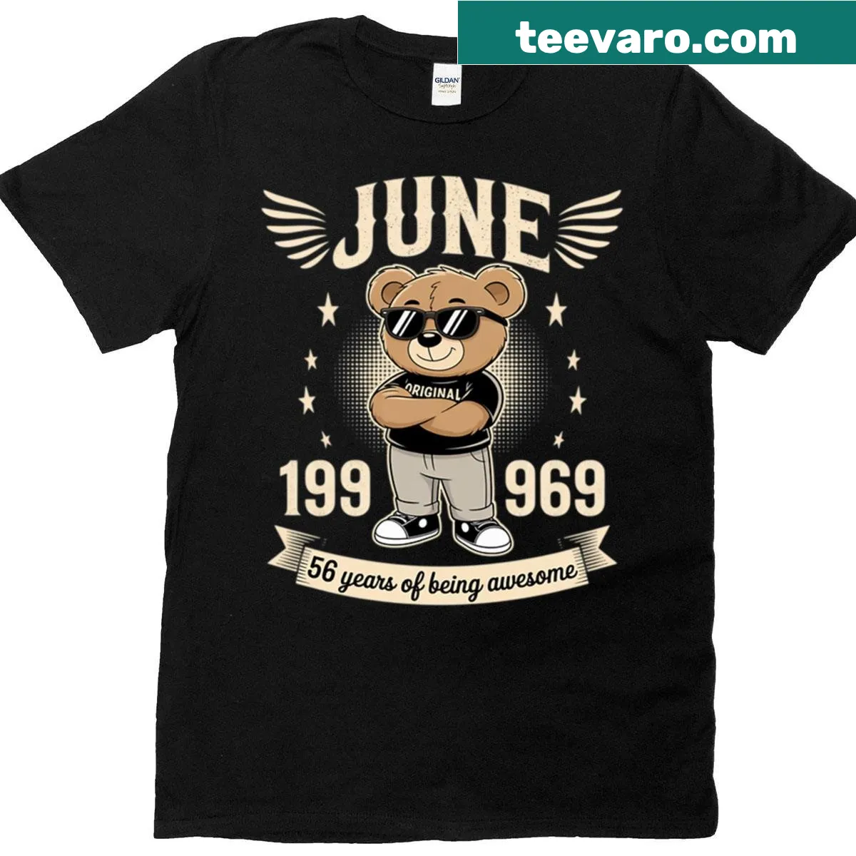 Birthday t-shirt celebrating June 56th born in 1969 — on a men's t-shirt