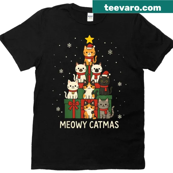 Funny Christmas t-shirt with 'Meowy Catmas' and cartoon cats
