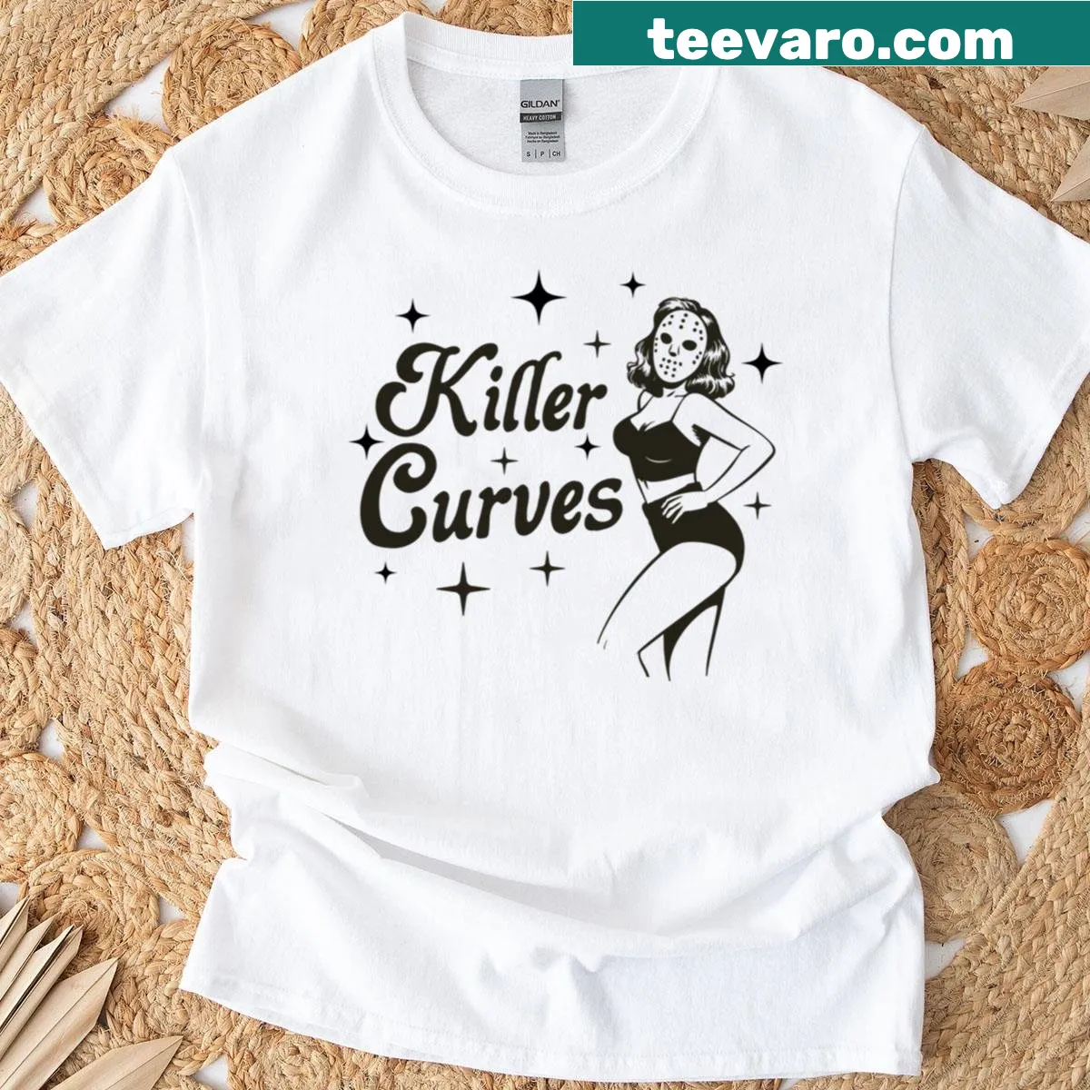 Bold typography design reading 'Killer Curves' on a T-shirt — on a men's t-shirt