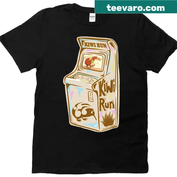 Retro T-shirt featuring kiwi bird arcade game art