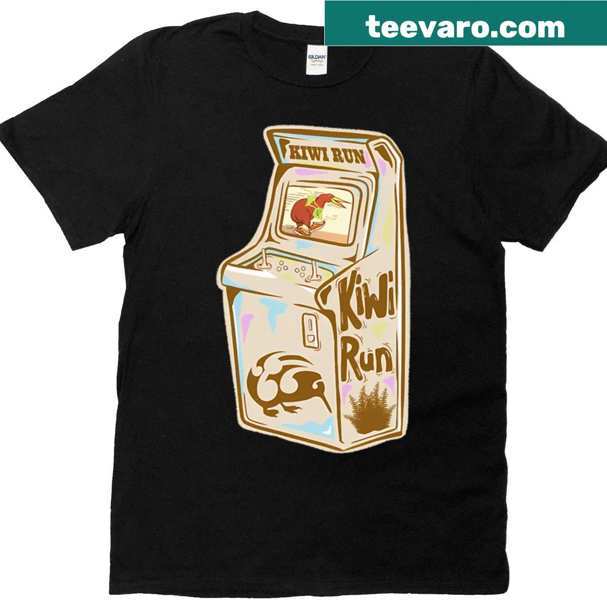 Retro T-shirt featuring kiwi bird arcade game art — on a men's t-shirt