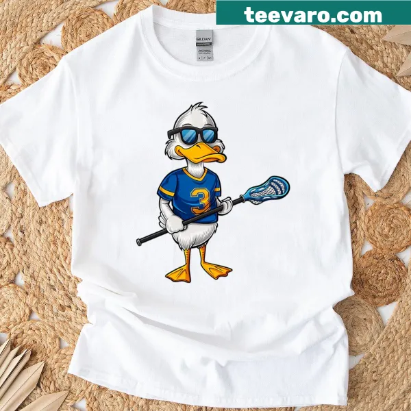 Cartoon duck in lacrosse gear on a t-shirt