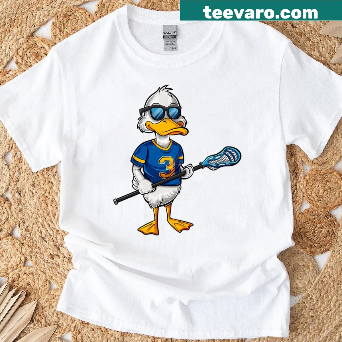 Cartoon duck in lacrosse gear on a t-shirt — on a men's t-shirt