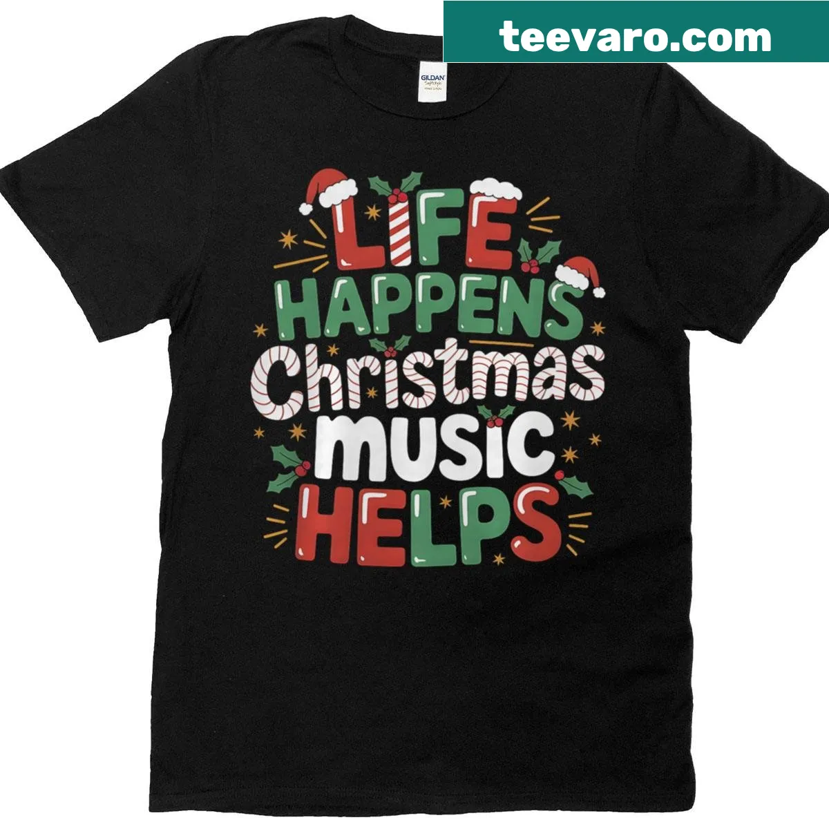 Funny holiday T-shirt with text about Christmas music helping — on a men's t-shirt