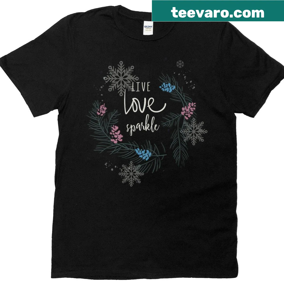 Illustration of ornamental snowflakes with 'Live For Love' text for Christmas — on a men's t-shirt