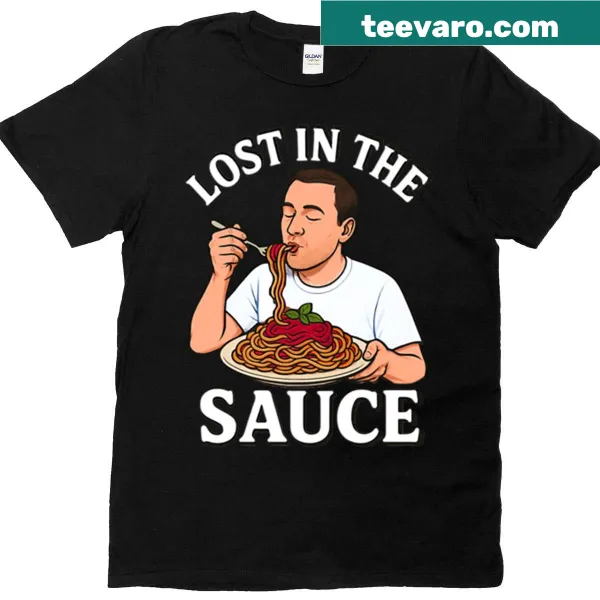 Funny vintage food T-shirt with 'Lost In The Sauce' text