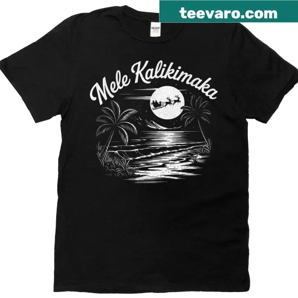 Hawaii-themed Christmas T-shirt with surfing Santa design