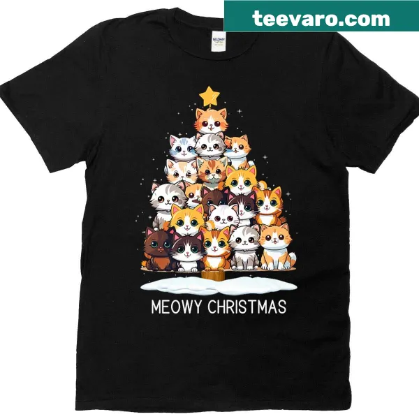 Festive holiday cat design shirt with 'Meowy Christmas' text