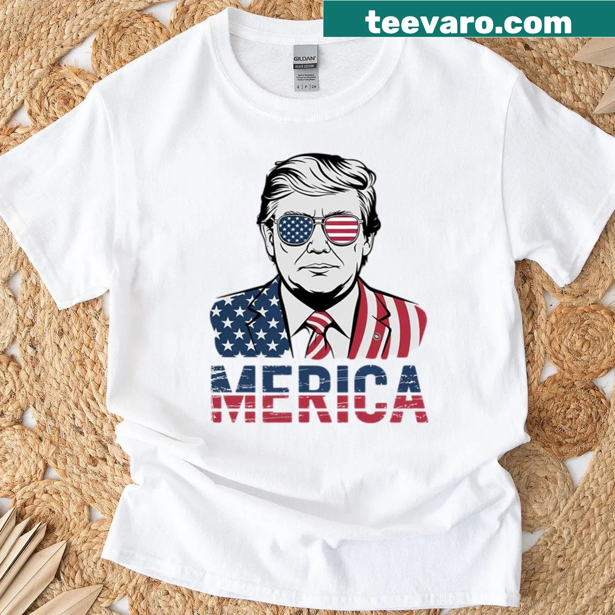 Women's 4th of July T-shirt with American flag and Trump design — on a men's t-shirt