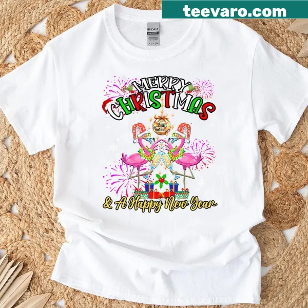 Festive T-shirt with fireworks and flamingo design for holidays