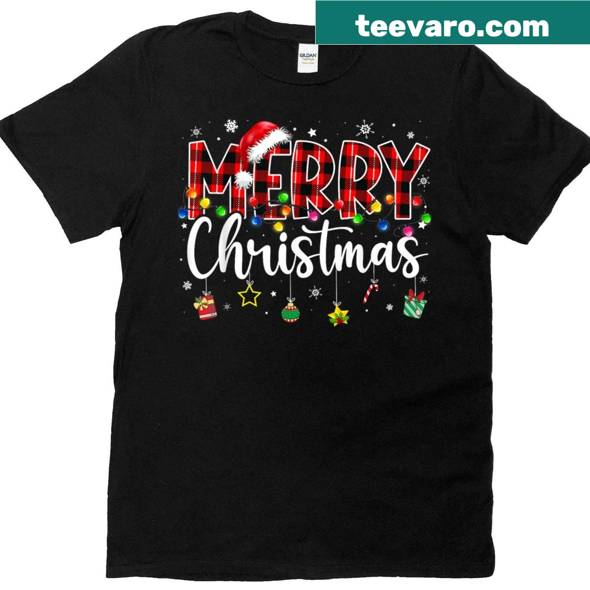 Vintage distressed pajama t-shirt with buffalo plaid and Santa hat — on a men's t-shirt