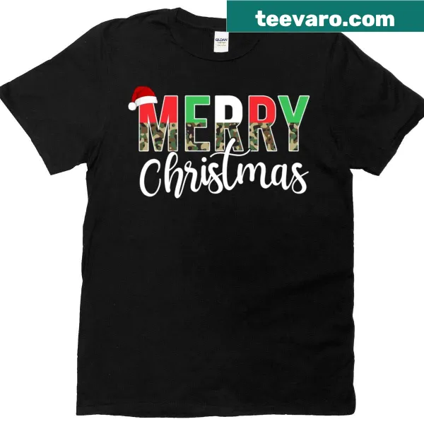 Camouflage Christmas T-shirt for family matching with 'Merry Christmas'.