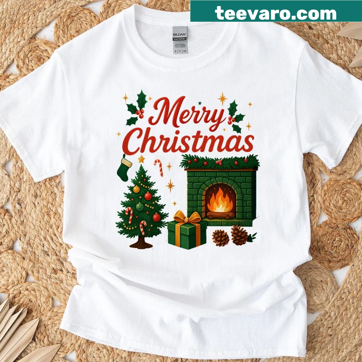 Cozy holiday shirt with fireplace and tree design — on a men's t-shirt