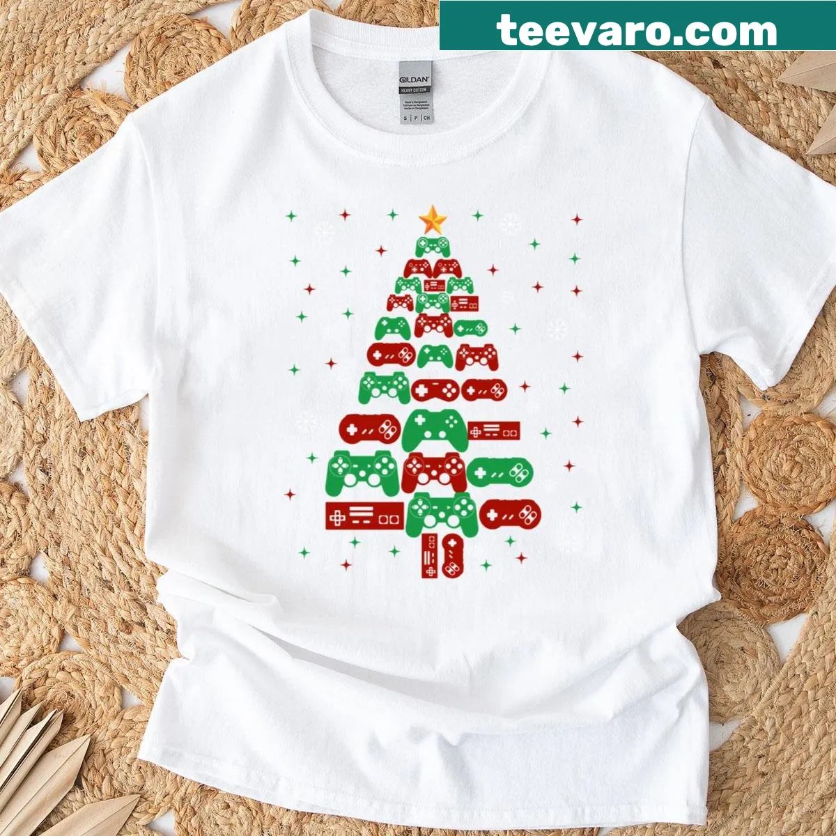 Illustration of gaming controllers in a Christmas tree design for gamers — on a men's t-shirt
