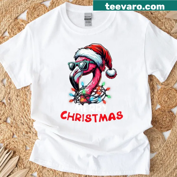Santa with a flamingo and Christmas lights graphic on a T-shirt