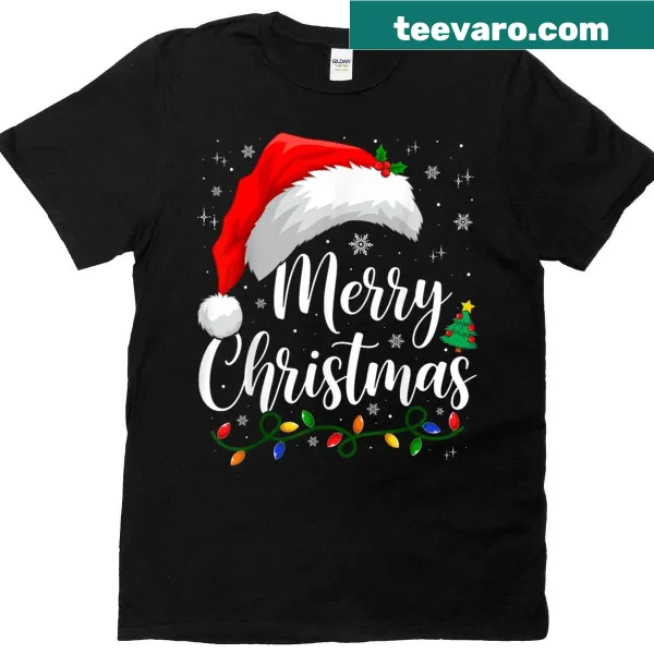 Matching family pajama shirt with Santa hat and Christmas lights design.