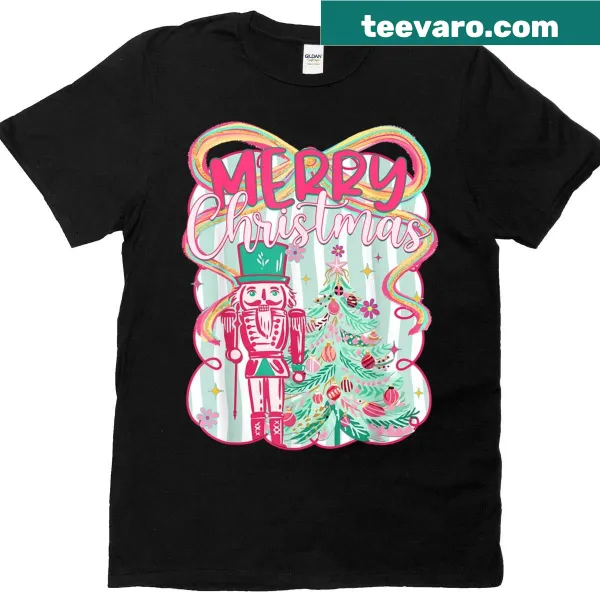 Cute Christmas tee with a whimsical nutcracker design and bow