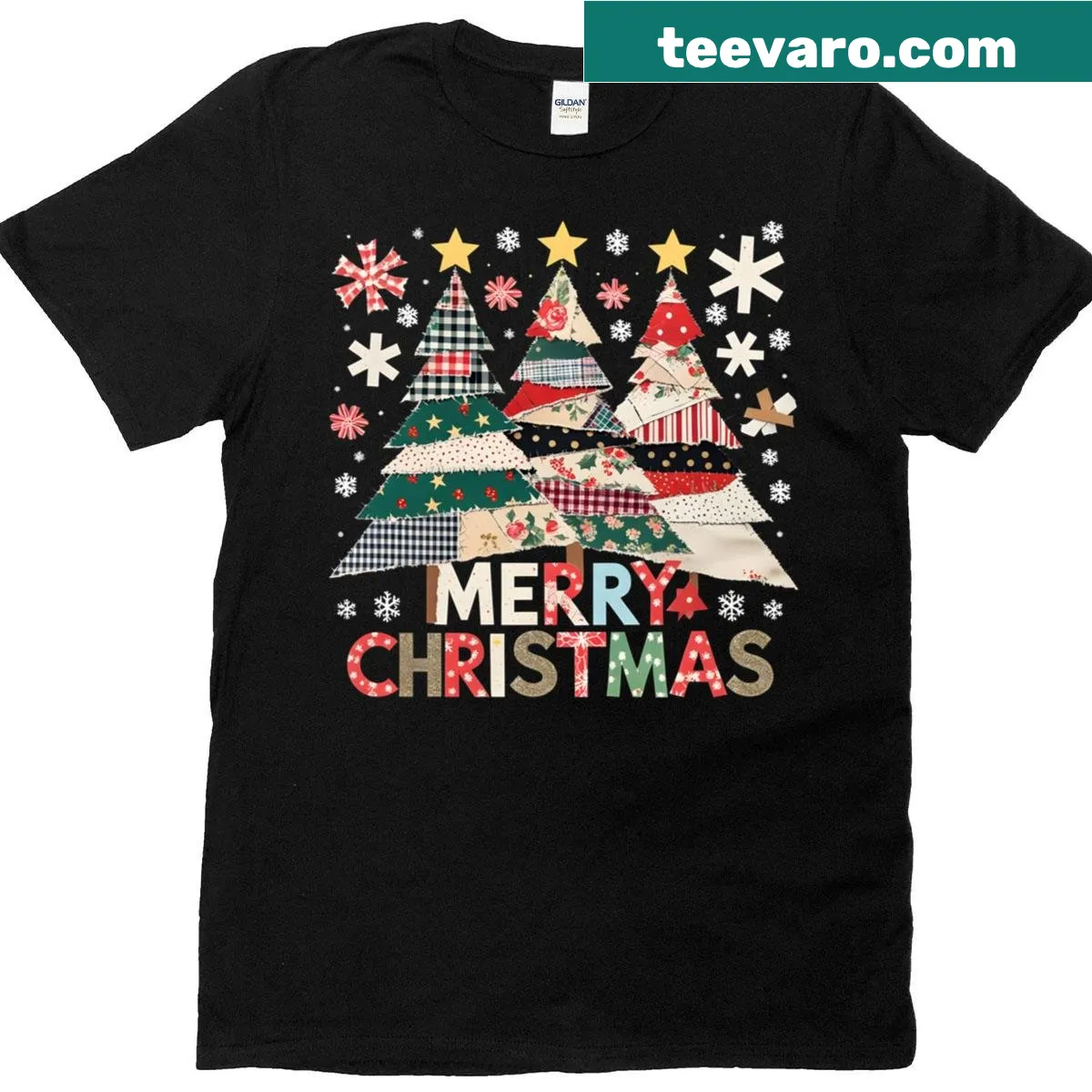 Rustic Christmas tree graphic t-shirt with patchwork design — on a men's t-shirt