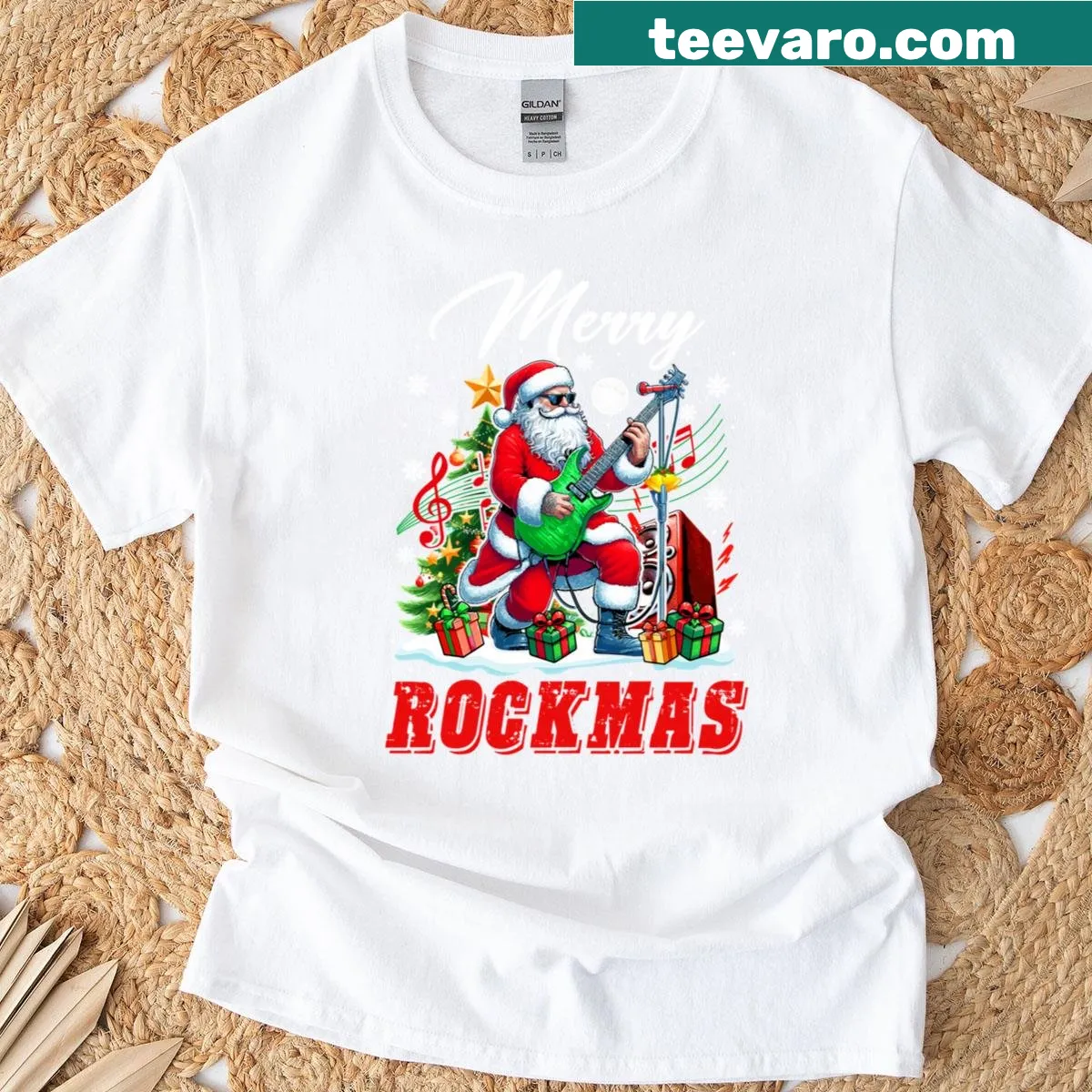 Santa playing guitar in a Christmas design on a T-shirt — on a men's t-shirt