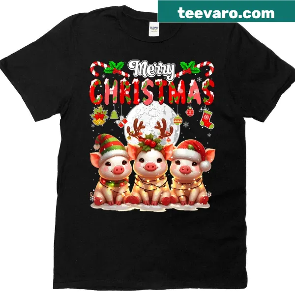 Whimsical Christmas t-shirt with Santa, reindeer, and elf pigs.
