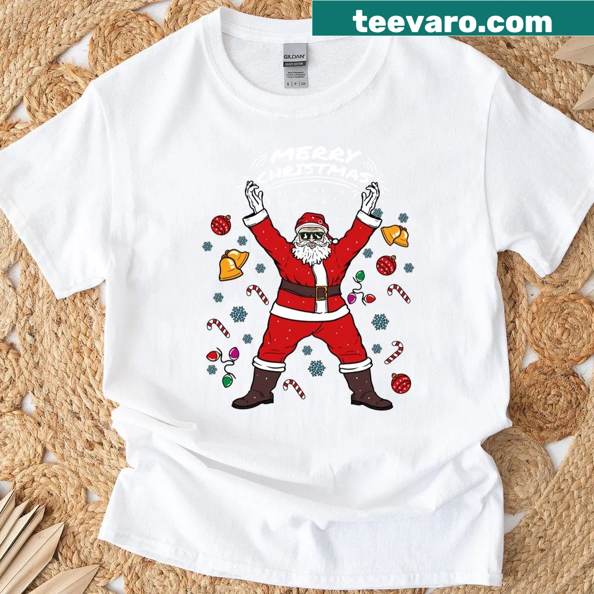 Santa Claus with presents Christmas t-shirt — on a men's t-shirt