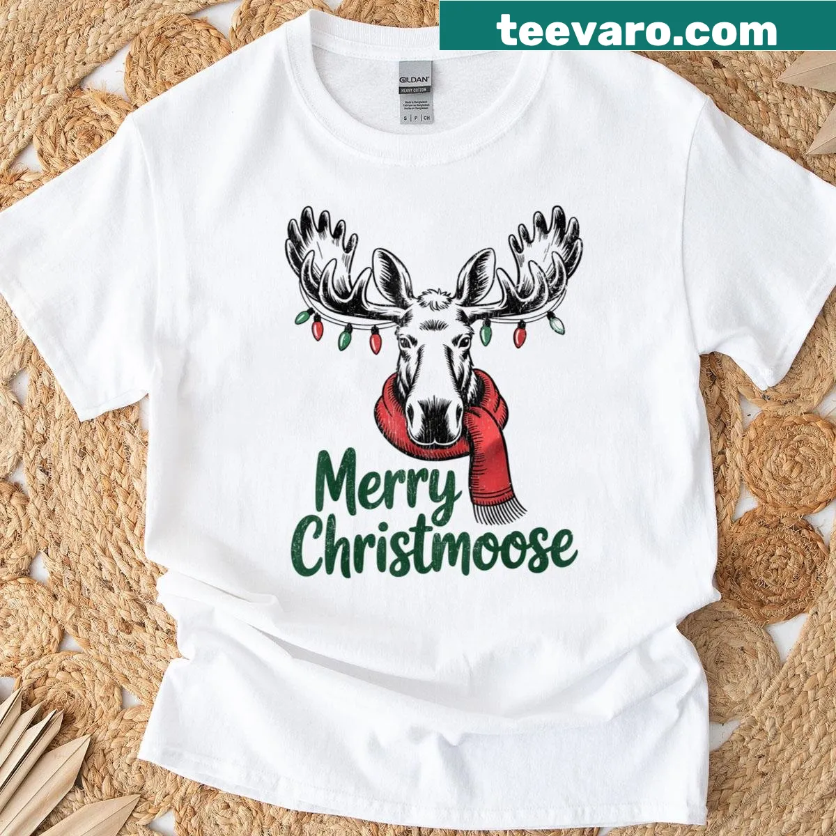 Funny moose in Santa hat Christmas design — on a men's t-shirt