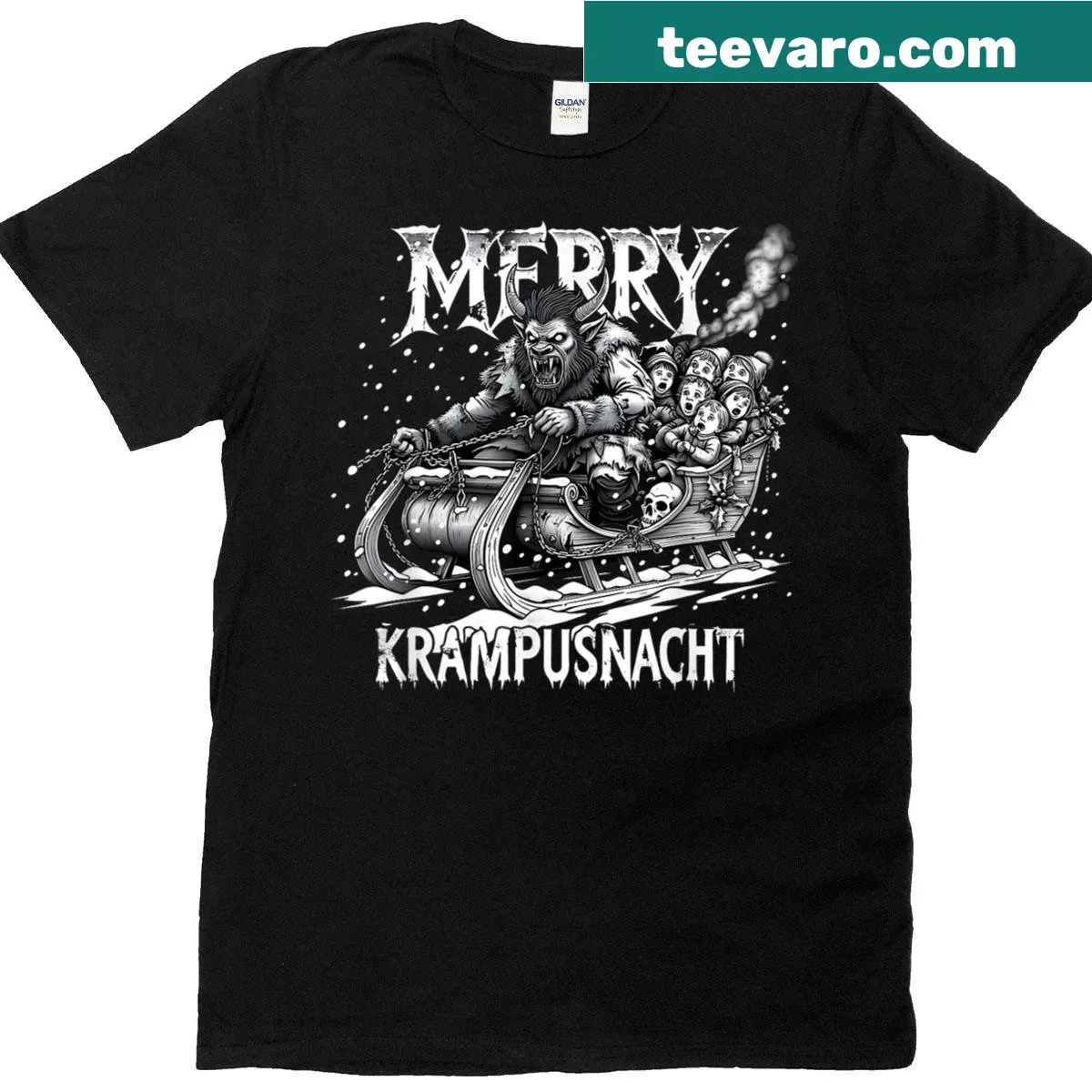 Creepy Christmas T-shirt with 'Merry Krampusnacht' graphic — on a men's t-shirt