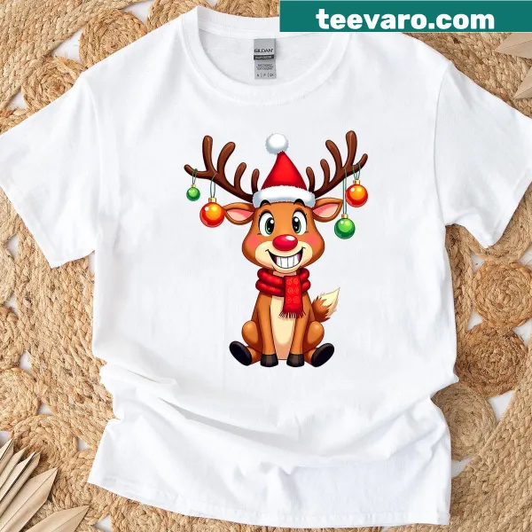 Reindeer in a Santa hat with Christmas lights on a T-shirt