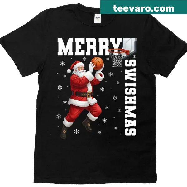 Basketball-themed Christmas T-shirt with 'Merry Swishmas' text